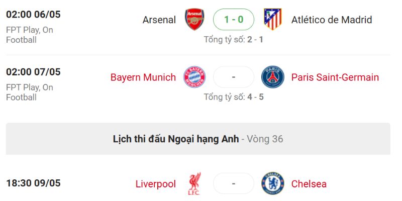Cập nhật nhanh lịch thi đấu bóng đá trực tuyến.